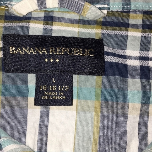 BANANA REPUBLIC MEN'S LARGE SHORT SLEEVE BUTTON DOWN BLUE GREEN PLAID SHIRT - Picture 4 of 7